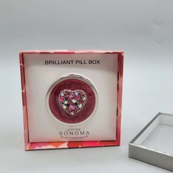 Brilliant Pill Box Sonoma Jean Company Pink Enamel Rhinestone Heart Design - Picture 2 of 4